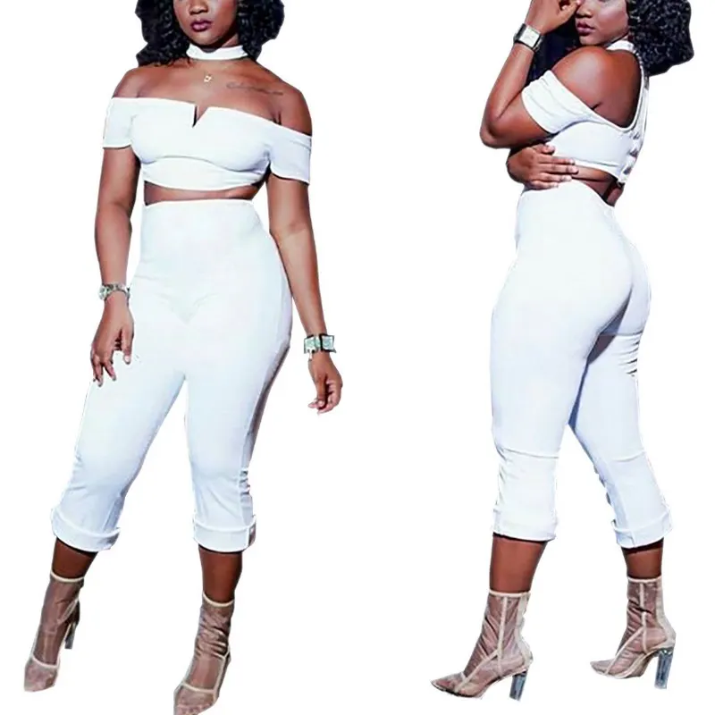 

2019 Hot Selling Short Sleeve Medium Pants With Strapless Pure Neck Hanging And Flanging Sets Two Piece Suits, As pictures