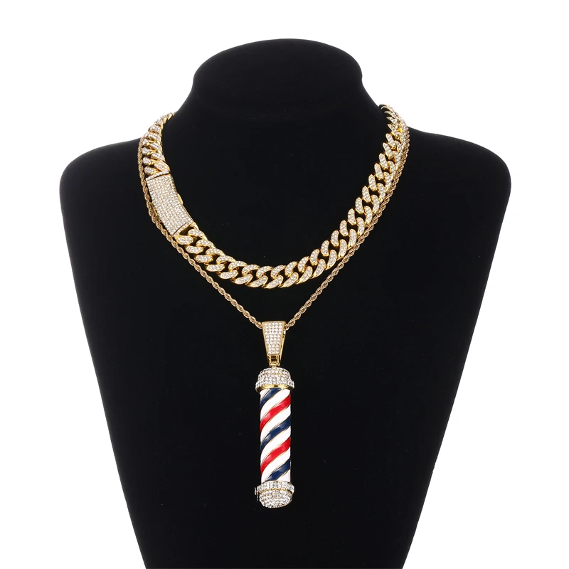 

DE Stylish Fashion Jewelry Iced Hiphop Alloy Colorful Barber Shop Colored Stripes Flag Pendant with Cuban Chain Necklaces Set