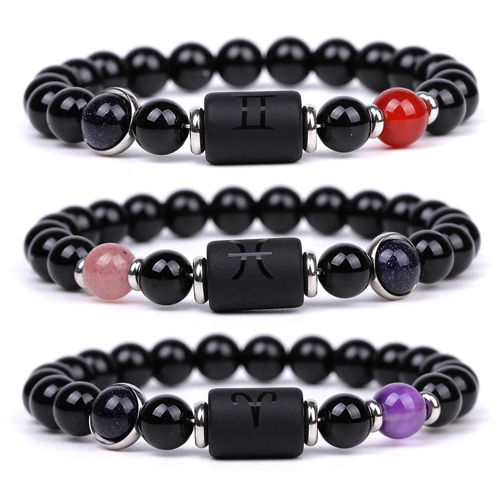 

Bestone Wholesale 12 Constellations Elastic Black Glass Bead Bracelet Women Men Red Agate Natural Stone Beaded Bracelet