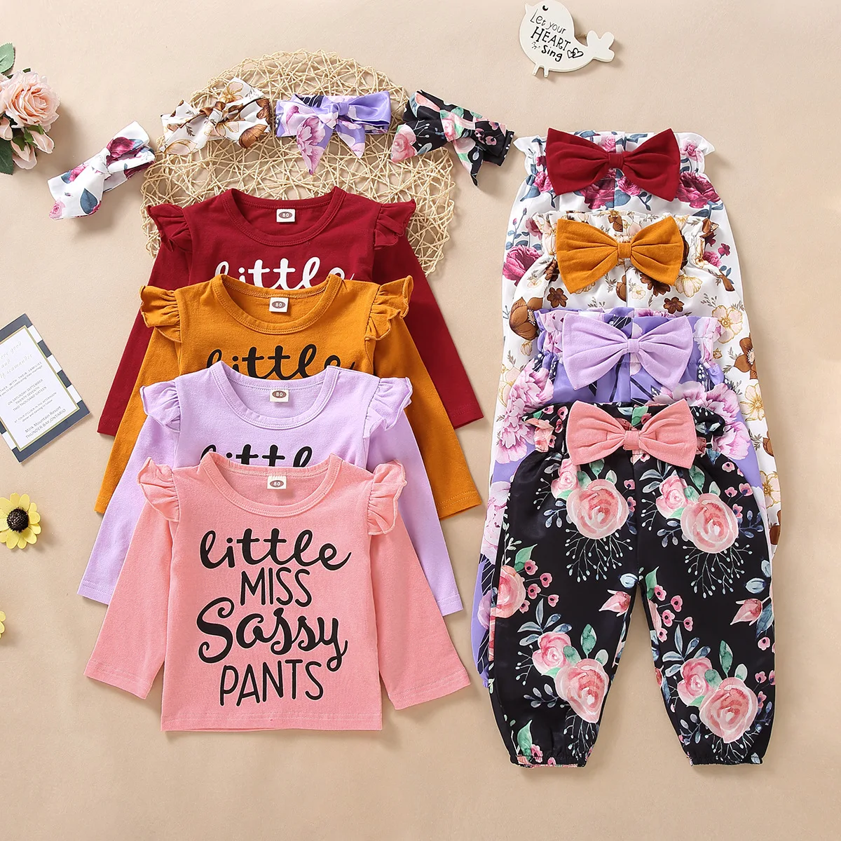 

Trending 2021 New Arrivals For Babies Long Sleeve Shirt + Floral Pants + Headwrap Newborn Girls Clothes Set M3030