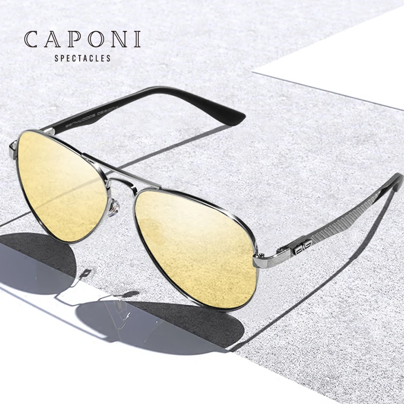 

CAPONI Mens Photochromic Yellow Lens Shades Night Vision Glasses For Driving Alloy Frame Polarized Lens Sunglasses UV400