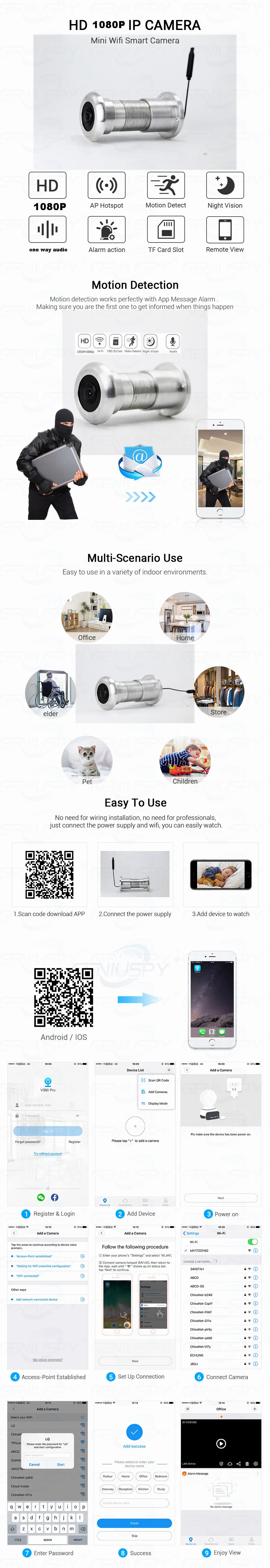 1080P Wifi Door Eye Hole 1.58Mm Wide Angle 180 Degree CCTV Network P2P IR Mini Peephole FISH EYE Door WIRELESS CAMERA