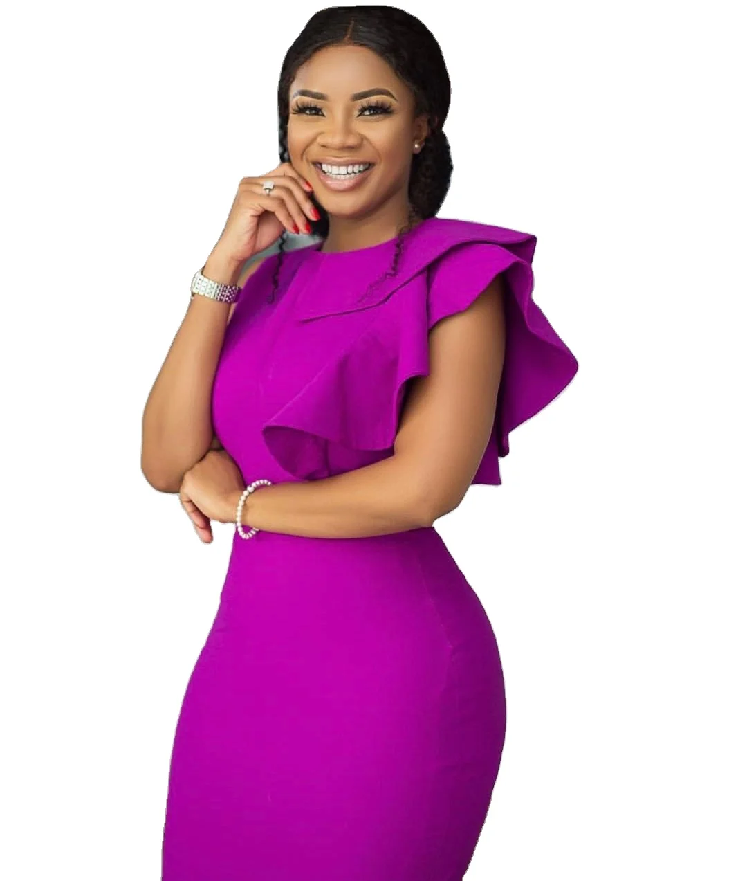 

LLDRESS Summer Modest Solid Color Purple One Shoulder Office Ladies' Dresses Women Formal Hostess Party Dress with Bell Sleeve, Picture color
