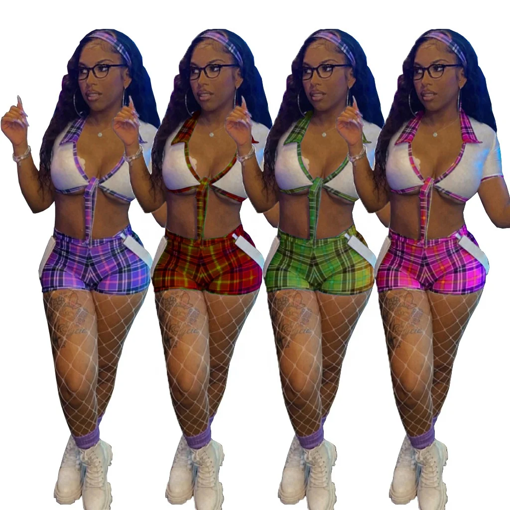 

Wholesale Lace-up crop sexy street club plaid print shorts summer sets for women clothing