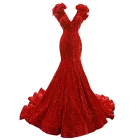 

RSM66736 special cap sleeves v neck mermaid lace up long train red elegant evening dresses