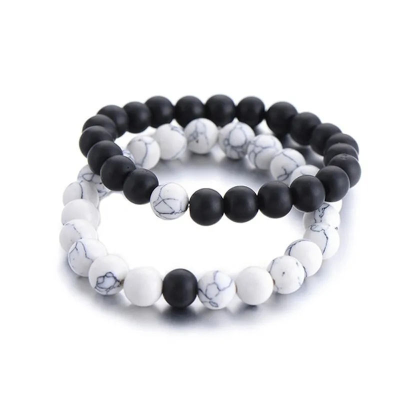 

2Pcs/Set Couples Distance Bracelet Classic Natural Stone White And Black Beaded Bracelets For Men Women