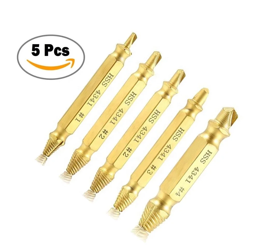 

Free Shipping 5Pcs/Set 4341 HSS High Speed Steel Titanium Plating Double Side Damaged Screw Extractor Drill Bit for Woodworking, Sand blasted,white,black,titanium coated,gloden