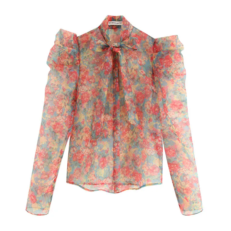 

CS948 Summer Women Long Sleeve Floral Print Ribbon Knot Spanish Organza Blouse Shirts Lady Transparent Shirts Tops Clothing