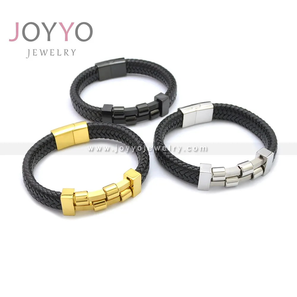 

Plated Bracelet 3 Colors Men's Charm Leather Bracelet Custom Stainless Steel Jewelry, As picture