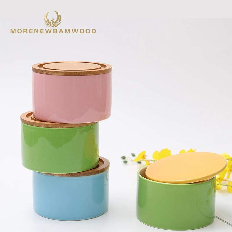 

Factory outlet colorful ceramic storage containers with bamboo cover. ceramic storage container.