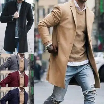 New fashion men autumn winter turn-down collar solid color simple plus size casual coat medium length woolen overcoat_voghion.com
