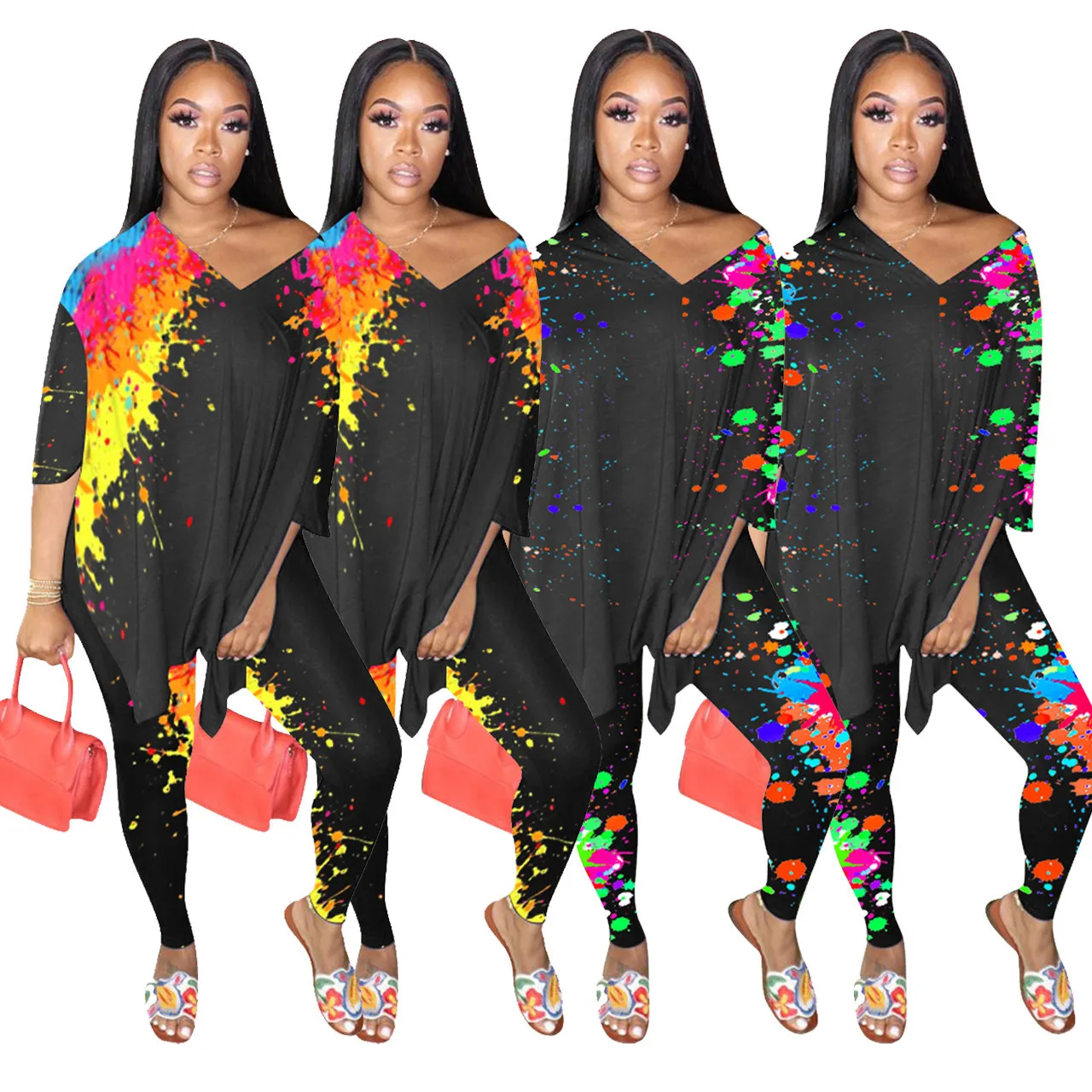 

B35038A 2020 Fall autumn hot fashion clothes lady ink print sexy 2 pcs pants set, Black/white/pink/gray/green