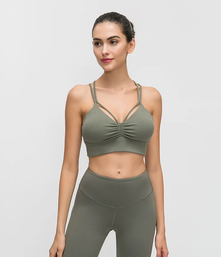 

New sexy women pleated design sports underwear sexy cross-backed back shockproof sports bra
