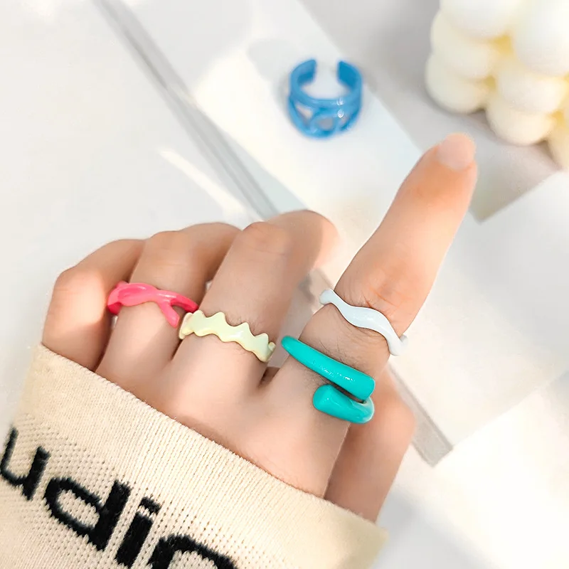 

JUHU Fresh Color Index Finger Ring Color Geometric Alloy Ring Female Fashion Niche Design INS Tide Ring, Picture shows