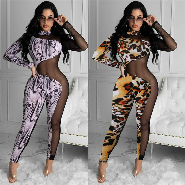 

Customized LOGO plus size women's sexy gauze stitching printing long-sleeved jumpsuit A7159