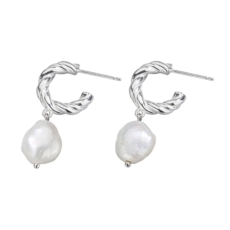 

Earrings Korea S925 Pearl Drop Earing Freshwater Twistie Pearl Baroque 925 Silver Stud Earrings