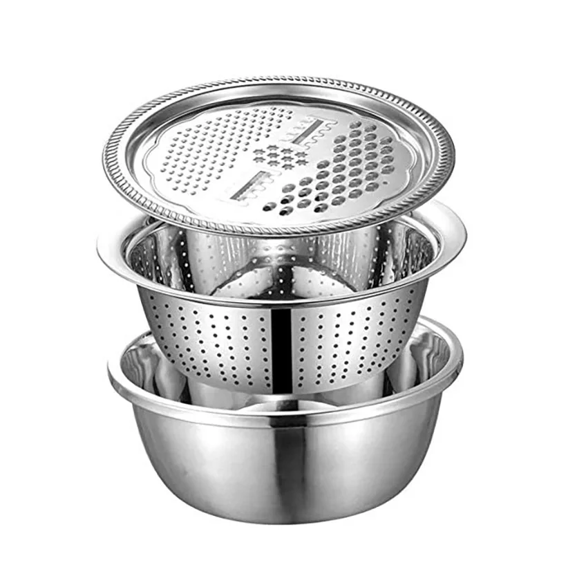 

Kitchen Utensils Cooking Tool Food Wash Mix Stainless Steel Grater Strainer Drain Basket Salad Maker Bowl 3 In 1 Colanders Basin, Silver