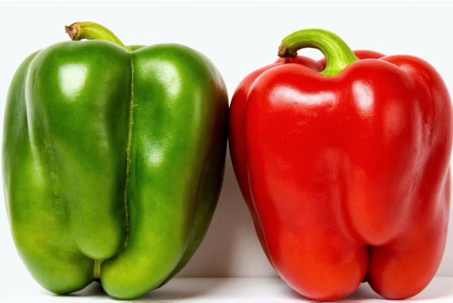 Fresh green poblano peppers next to red ancho peppers showing the color transition from fresh to dried form
