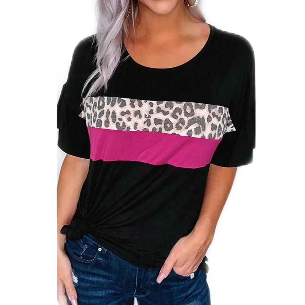 

SD234 Wholesale Women's T-shirt Casual Leopard Print Color Block Crew Neck Tee Shirts