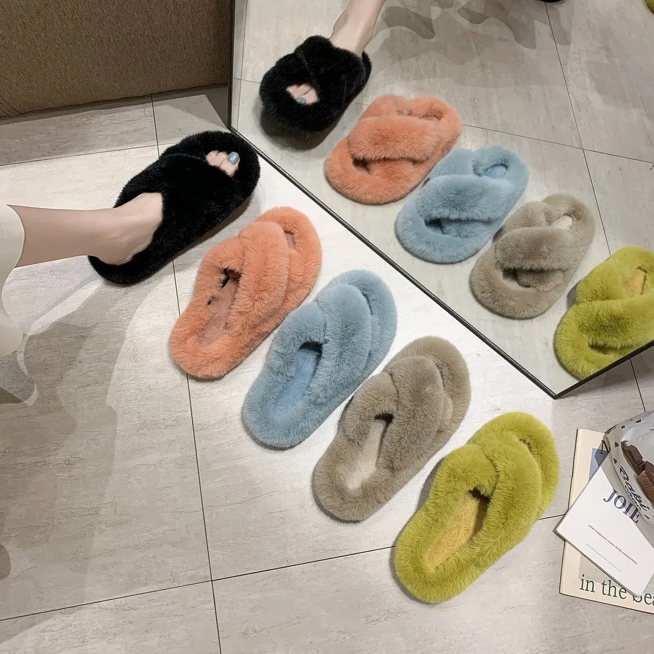 

Fur Fluffy Plush Faux Slipper Latest Ladies Shoes And Sandals Womens Women's Slippers, Multiple colour