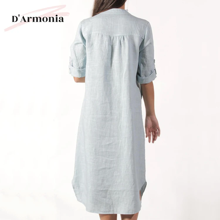 Latest Half Sleeve Linen Dress From Italy Silm Solid Color Dress For
