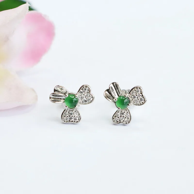 

S925 Silver Inlay Natural Emerald Stud Earrings A Goods Emperor Green Ear Hook Factory Wholesale Delivery FC2072706