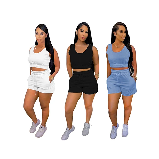 

Summer 2021 Hot Sale Active Wear Set 2 Piece Women Tank Top And Shorts Pants Set Solid Color Summer Clothes For Women, Picture