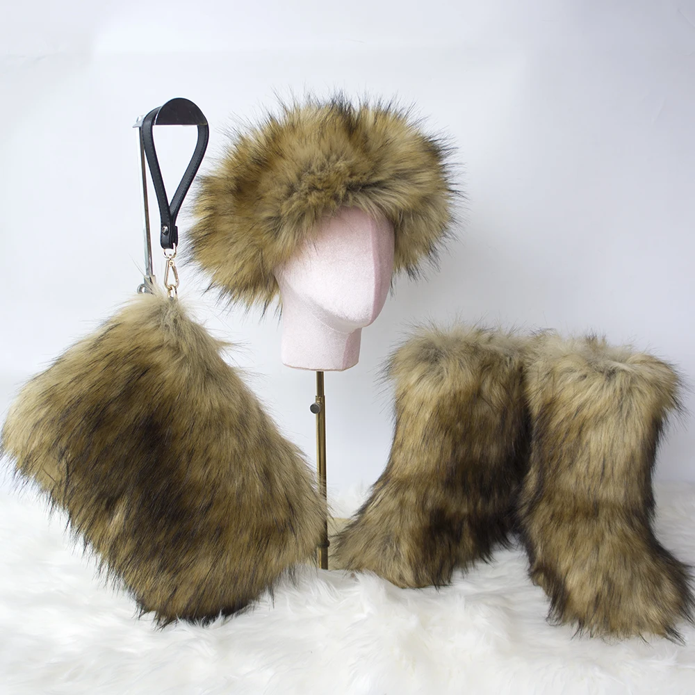 

winter women's snow boots faux fur boots set women children's boots set with fur purse fur headband for women
