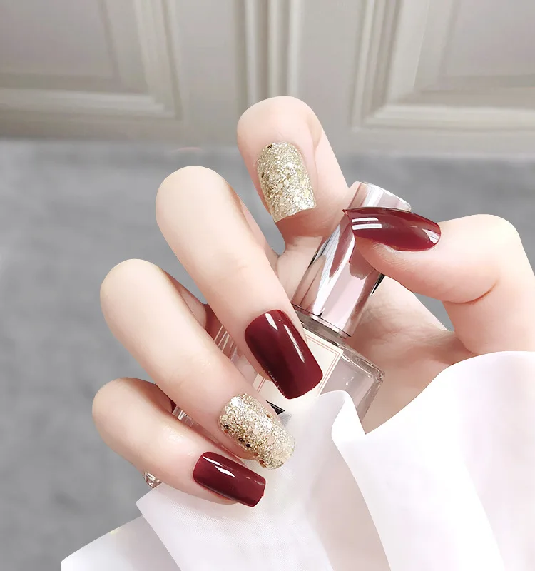 

press on long nails flat wine red gold pink press on nails luxury trending press on nails