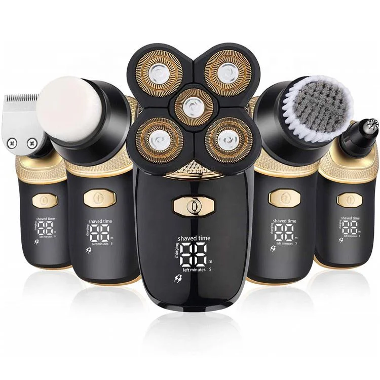 

5 in1 Face Shaver Remover USB Waterproof Rotary Razor Beard Nose Hair Trimmer Electric Shaver for Men, Gold+black