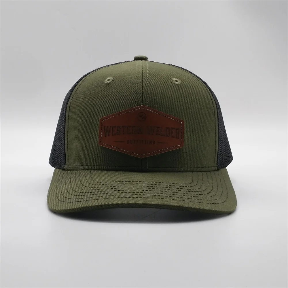Two Tone Mens Army Green 6 Panel Structured Pre Curved Brim Leather ...