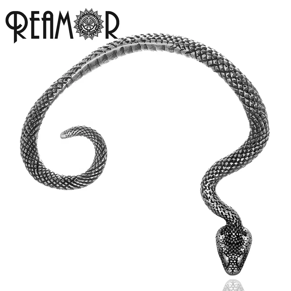 

REAMOR Gothic Snake Animal Auricle Wrap Stud Earrings in Stainless Steel Men Punk Ear Jewelry Wholesale for Men Women, Silver color
