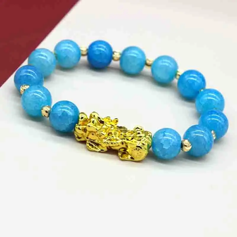 

Pi Xiu Bracelet Feng Shui Blue Jade Wealth Bracelet for Women Men Adjustable Elastic, Gold, silver