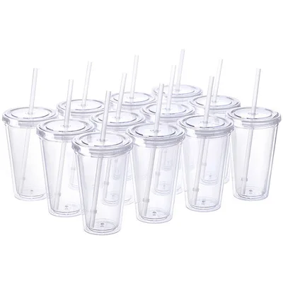

Clear Reusable Tour Ice water bottle Coffee Mug 16oz Double Wall acrylic Plastic Tumblers cup in bulk With Straw And Lid