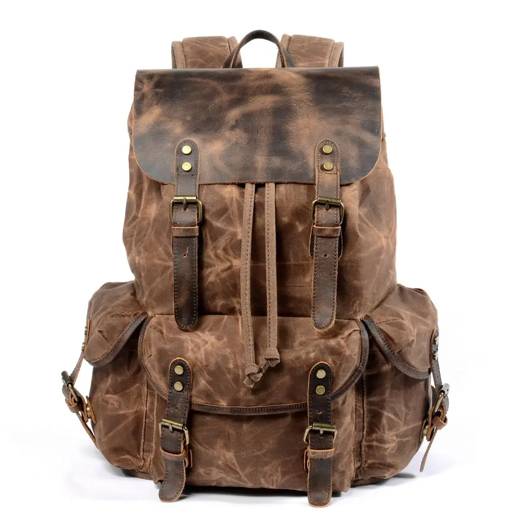 

China Wholesale College Waxed Cvanvas With Cowhide Leather Mens Canvas Backpack, Coffee,celadon