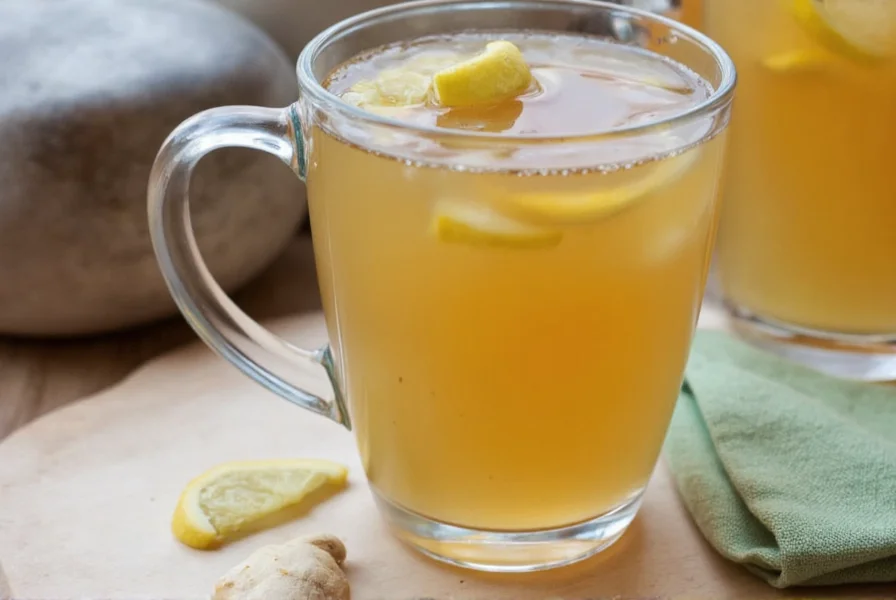 Four different ginger tea variations in glass mugs with corresponding ingredients arranged beside each