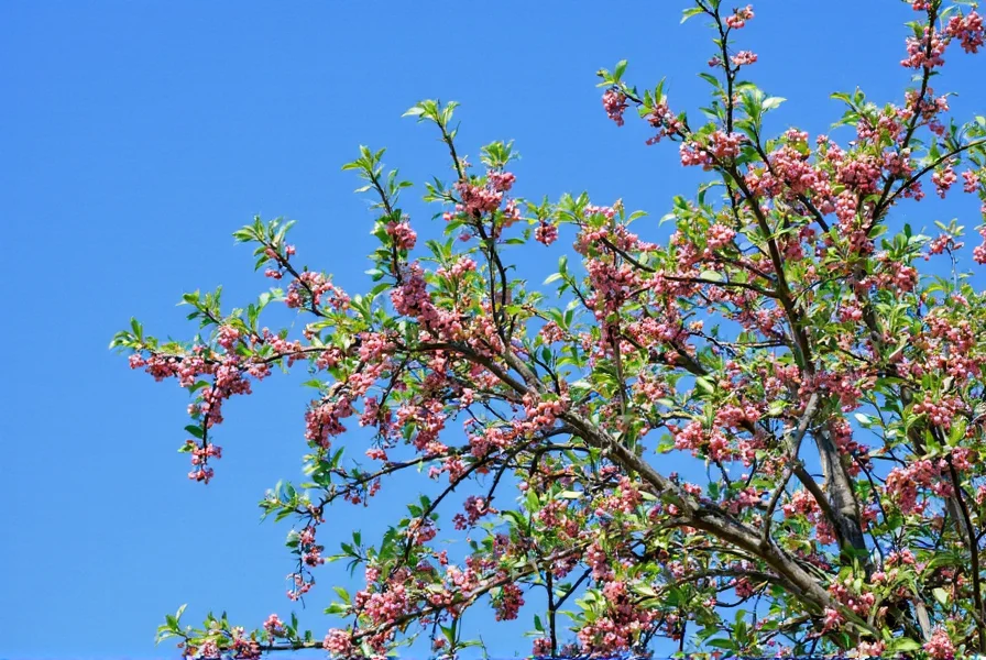 Peruvian pepper tree with weeping branches and pink berries against blue sky
