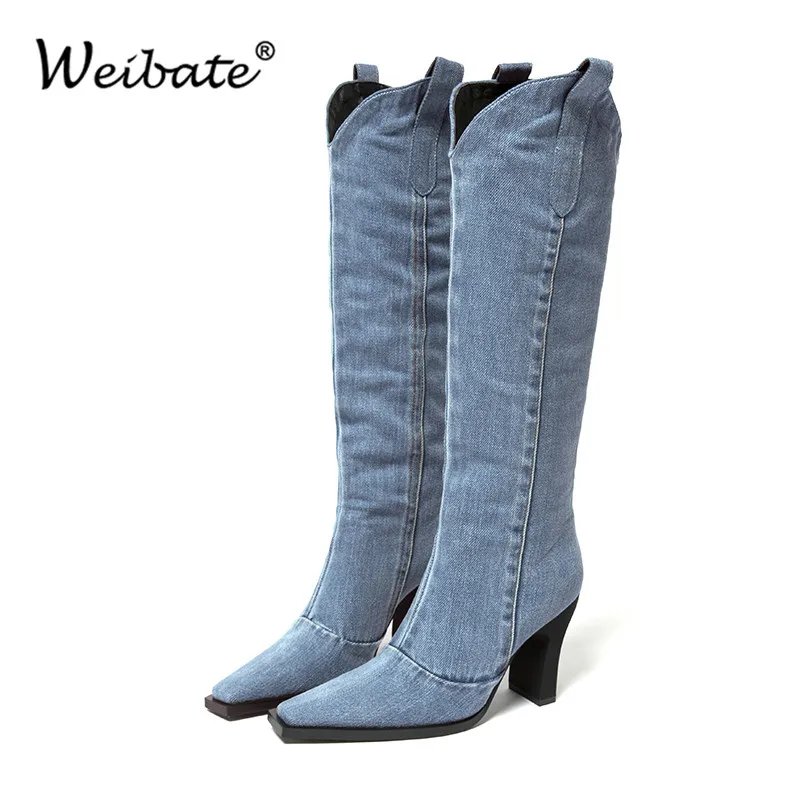

Autumn Cowboy Denim Boots Women Blue Jeans Thigh Pointed Toe Heels Knight Shoes Knee-High Western Botas Female Thigh High Boot
