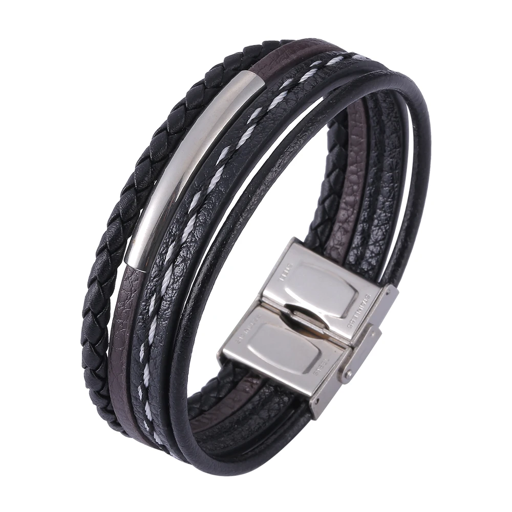 

Vintage Multilayer Black Woven Leather Rope Bracelet Men Hand Jewelry Stainless Steel Braided Bangle Male Boys Wristbands SP1180