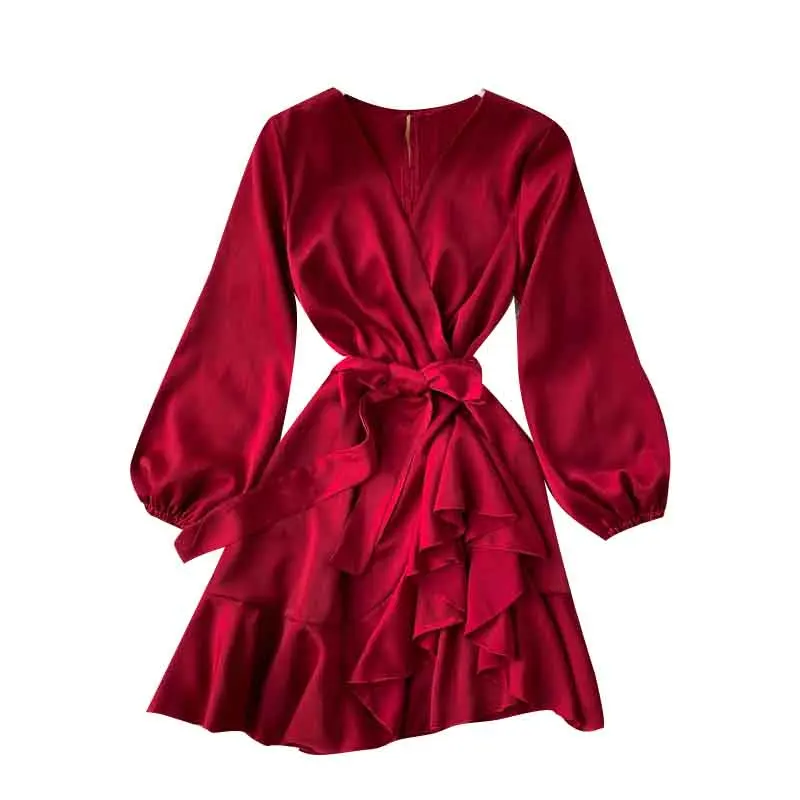 

Long Sleeve Dress V-neck Lace Up Waist Shows Slim Draping Feeling Lantern Long Sleeve Ruffle A-line Skirt New Fall Dress Retro
