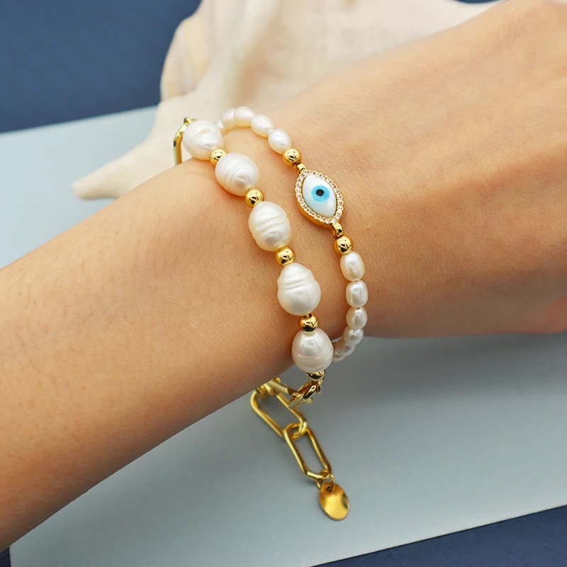 

6mm fresh water pearl woman adjust gold plated cubic zirconia jewelry set glass rope evil eyes bracelet, White