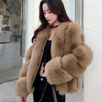 

Luxury Lady's Genuine Cross Fox Round Collar Long Jacket Windproof Keep Warm Women Real Fox Fur Coat