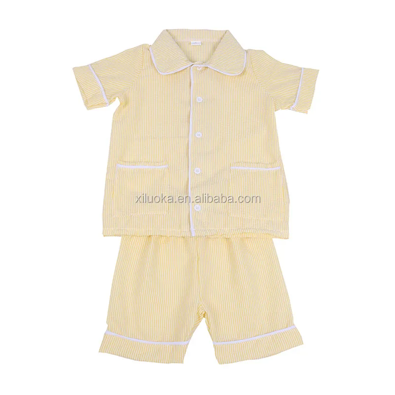 

Boutique Custom Summer Plaid Toddler Pajamas Set Seersucker Boy Kids Clothing Set, Picture