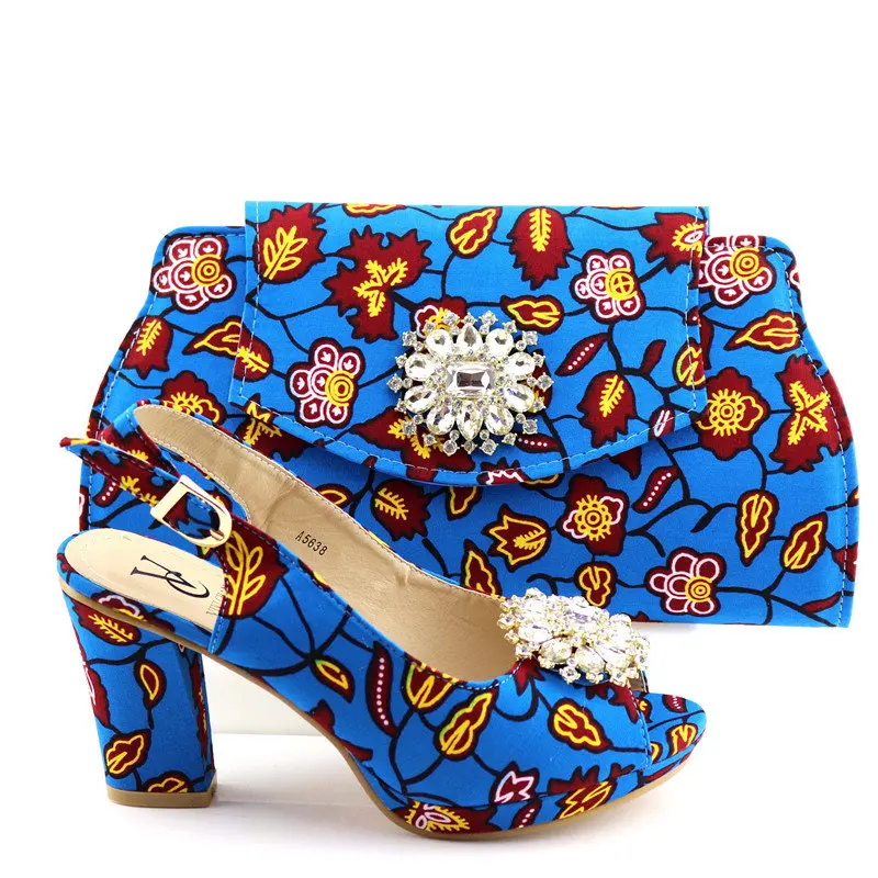 

Sky blue fashion style italian African Printed wax shoes and bag set, Peach