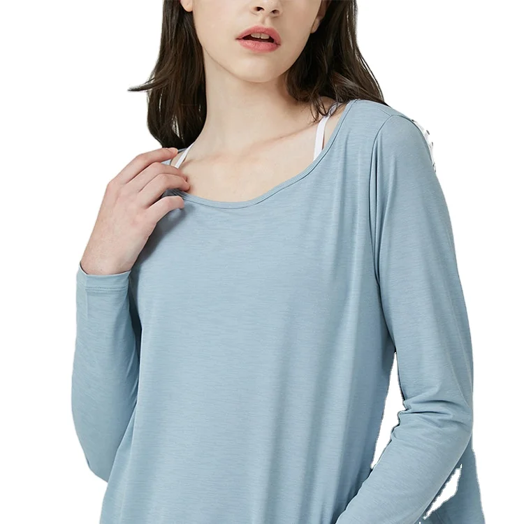 

High Quality women Long Sleeve Tshirt Custom Scoop Neck Raglan Sleeve Loose Shirt Bamboo Material Long Sleeve Tshirt, Customized colors