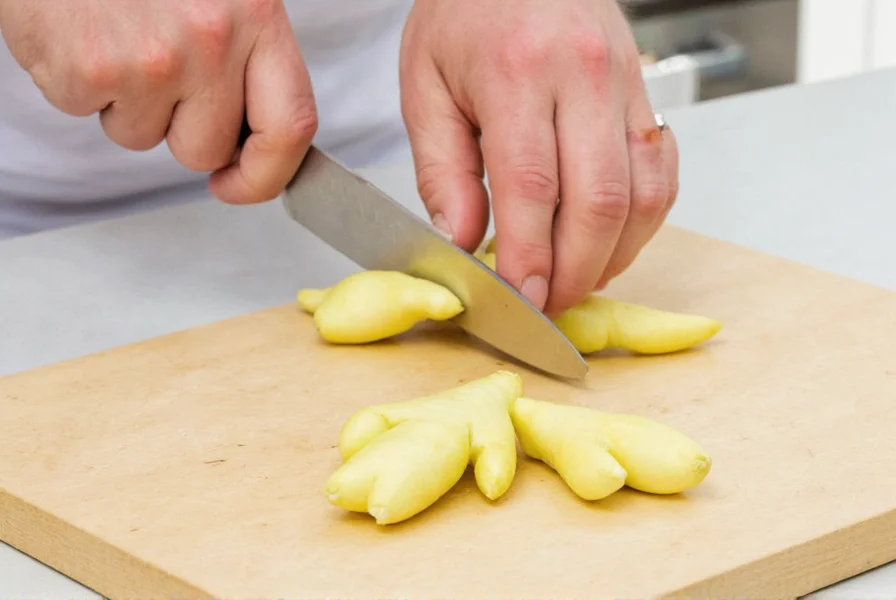 Hand holding spoon peeling ginger root on wooden cutting board