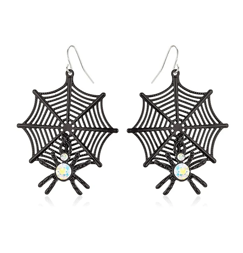 

Halloween Pumpkin Earrings White Crystal Rhinestone Piercing Dangle Black Wed Spider Earrings for Women, Picture shows