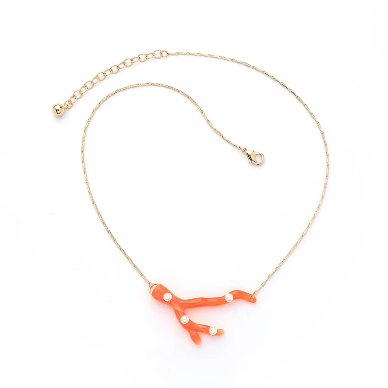 

xl01975c Simple Resin Pendant Jewelry Custom Gold Plated Women Pearl Orange Coral Branch Fashion Necklace 2020 Trendy