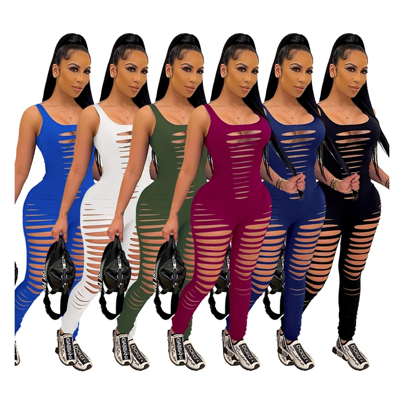 

Wholesale Hot Sale Ladies Jumpsuit Women 2021 Ripped One Piece Sexy Jumpsuit, Black, white, blue, navy, burgundy, army green
