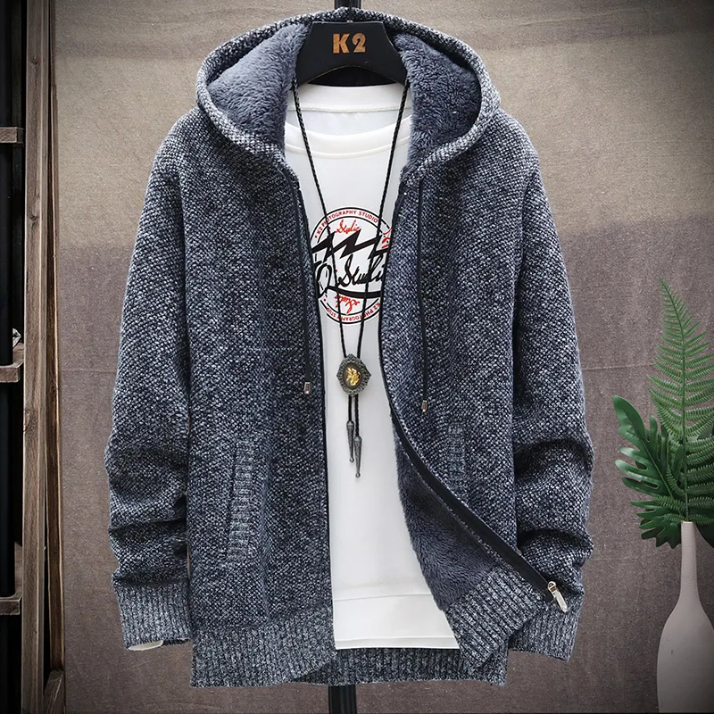 

men sweater tops knit clothing wholesale apparel autumn winter thick casual stand collar hoodie zip Cardigan sweater